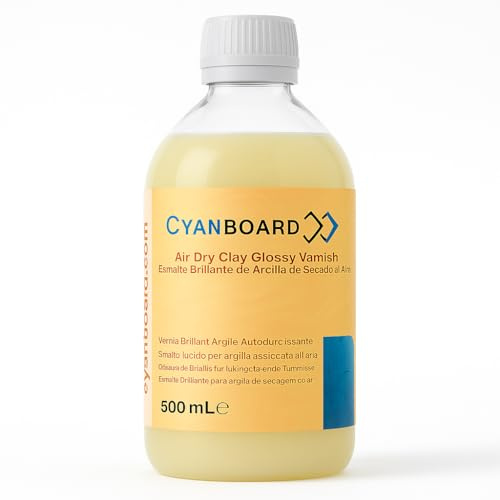 Cyanboard, Esmalte Brillante para Arcilla de Secado al Aire 500 ml. Barniz acrílico brillante base agua formulado para aplicar sobre arcilla de secado al aire. Protege y da un acabado brillante.