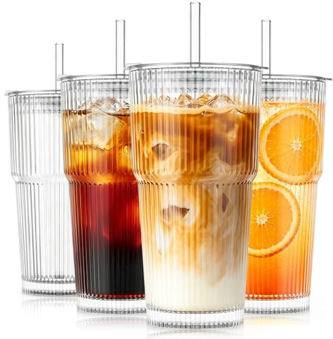 SoulTimes 600ml Glass Cups with Lids and Straws, Ribbed Glass Tumbler for Iced Coffee, Smoothie, Juice & Cold Drinks, Reusable Thick Glassware Set, Elegant Home & Travel Drinkware【4 Pack】