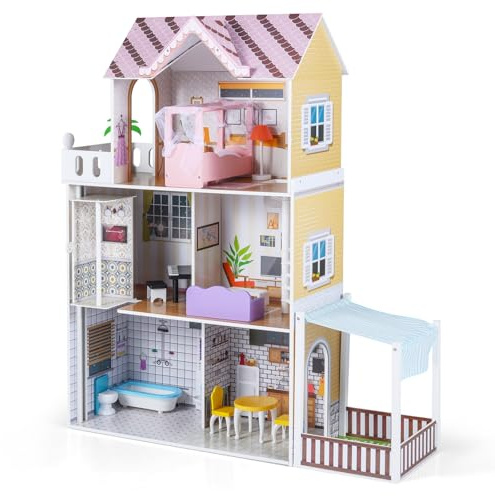 COSTWAY Puppenhaus Holz, Kinder Dollhouse mit Balkon & Terrasse, Puppenvilla 3 Etagen mit 16 Möbelstücken, große Traumvilla 102 x 34 x 120,5 cm, für Mädchen & Jungen ab 3 Jahren