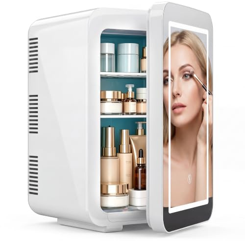 MoraRise 10L Skincare & Makeup Mini Fridge, Cooler & Warmer with LED Mirror | Portable Compact Desktop Small Beauty Fridge for Bedroom, Dressing Table & Office, AC/DC Mains (White)