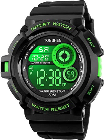TONSHEN Men's LED Digital Electronic Military Watch Multi Function 12H/24H Time 164FT 50M Water Resistant Simple Design Sport Watches (Green)