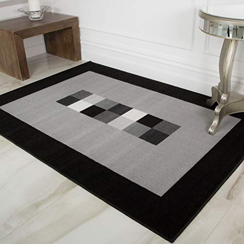 Milan Soft Simple Modern Black & Grey Monochrome Living Room Dining Room Border Area Rug - 180cm x 270cm
