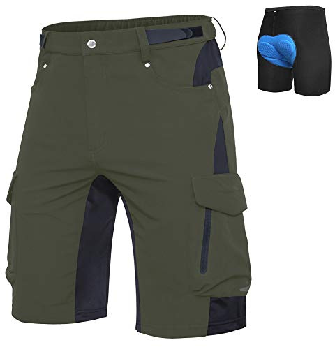 Ally Mens Mountain Bike Shorts 4D Padded Lightweight Quick Dry Stretch Loose-fit with 6 Pockets for Cycling Biking Bicycle Riding Biker (Green, Large)