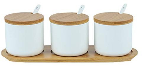 OnePine Set of 3 Sugar Bowl, 260ml Ceramic Spice Jar Salt Container with Lid and Spoon for Home and Kitchen