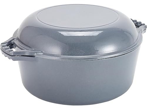 Bruntmor 2-in-1 Schmortopf aus emailliertem Gusseisen mit Griffen – Grauer Gusseisentopf mit Bratpfannendeckel – All-in-One-Kochgeschirr Schmorpfanne für Auflaufform – 7 Quart, Grau
