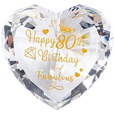 Ornalrist Glass 80th Birthday Gifts for Women, Heart Crystal Keepsake Engraved with Golden Blessings Happy 80 Years Birthday and Fabulous Presents For Grandma and Friends