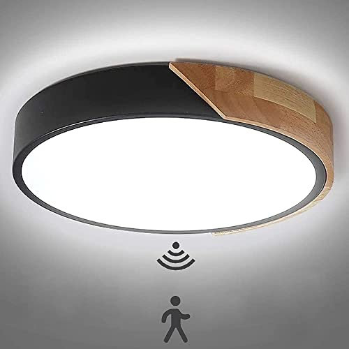 LED Holz Deckenleuchte mit Bewegungsmelder Innen Sensorlampe Modern Runden Deckenlampe mit Tageslichtsensor Decke Lampe für Flur Korridor Treppe Wohnzimmer Balkon Küche Veranda Büro (Schwarz,22cm)