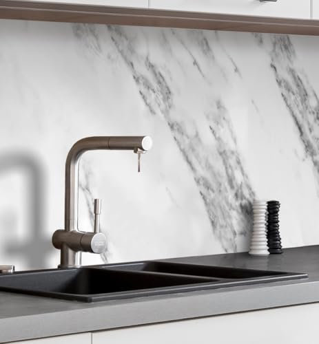 MyMaxxi Küchenrückwand Folie selbstklebend matt - einfache Montage ohne Bohren 0,4mm stark Versteift - Motiv Marmor weiß 60cm hoch - Spritzschutz Küche Klebefolie - Mauer Steine 180 x 60cm