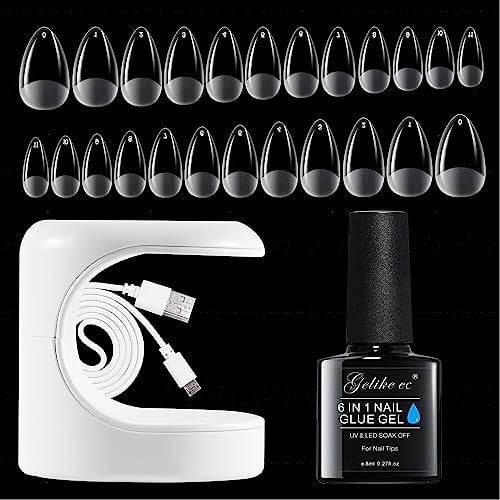 Gelike ec Nagelspitzen and Nagelkleber Kit - Gel Nail X Extension Set with 6 in 1 Nagelkleber 240PCS Soft Gel Full Cover Nail Tips Nagelverlängerung UV Lampe-Short Almond