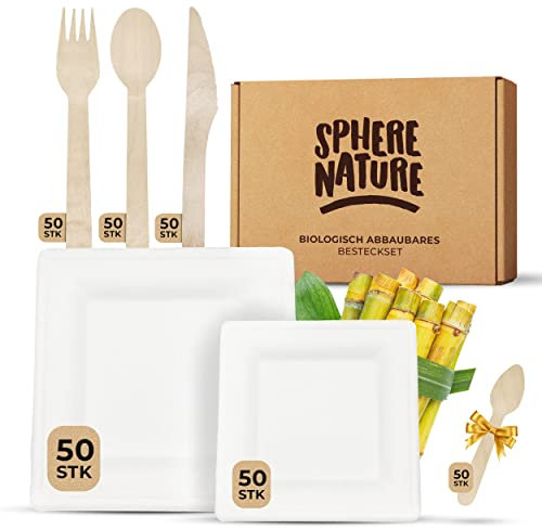 300pcs Assiette Carrée Jetable Rigide Blanche Bagasse Alternative Plastique + Couverts en Bois | 50 Personnes | Biodégradable | Plat + Entrée Et Dessert | Set Vaisselle | Plateau Repas Buffet