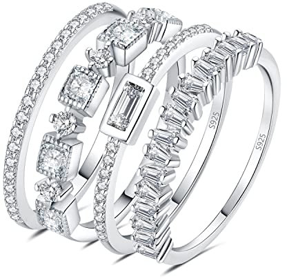 JewelryPalace Vintage Prinzessschliff Zirkonia Band Ring Damen, Hochzeitsringe Silber 925 Trauringe Eheringe für Frauen, Vorsteckring Stapelring Eternity Ring Bandring Schmal, Ringe Set Schmuck 58