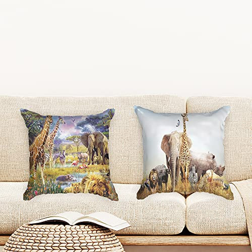 Ulticool - Kissenhülle - Safari Tere Natur Giraffe Elefant - Set von 2 Motiven – 45 cm x 45 cm - Dekokissen ohne Füllung - Kissenbezug Zubehör für Sofa/Bett - Khaki Beige