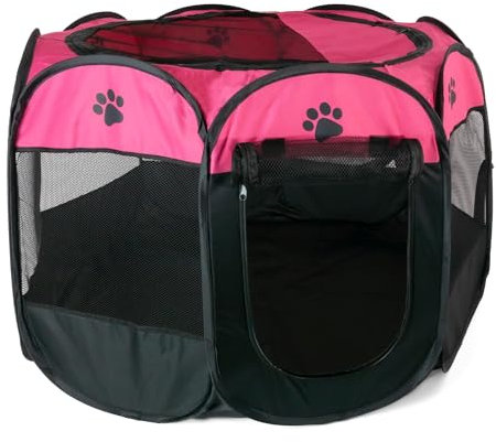 Intirilife Laufstall für Haustiere 77 x 58 cm Spielzelt aus Oxford-Gewebe in Pink mit Pfoten - Faltbar mit Tragetasche für Hunde Katzen Welpen Stall Tierlaufstall