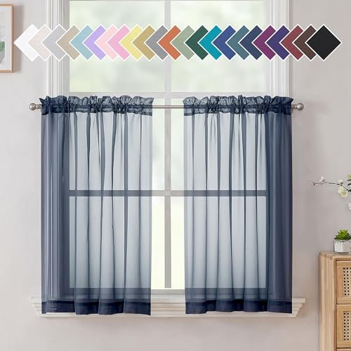 Aiyufneg Navy Blue Sheer Curtains 36 inches Long, Short Kitchen Window Treatment Solid Sheers Cafe Curtains Bathroom Voile Half Window Curtains 2 Panels, Rod Pocket, 40 Wx36 L