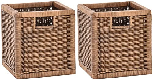 korb.outlet Set / 2 Regalkorb Vintage Braun ca. 28x29x30 mit Holzrahmen Rattan Schubfach Box zur Aufbewahrung Schrankkorb Griff