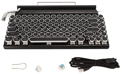 ASHATA Typewriter Style Mechanical Gaming Keyboard, 83 Keys Vintage Punk Gaming Keyboard, Support Wired Wireless Bluetooth Connection, Round Keycaps (Black)
