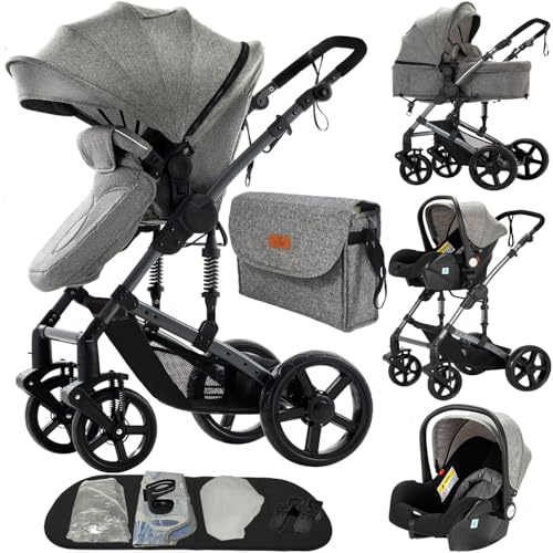 MoLi Kinderwagen 3 in 1, Kinderwagen mit Umkehrbarem Doppelschiebemodus, Buggy mit Großer Bequemer Babywanne, Kombikinderwagen 3 in 1 Rahmen Aluminiumlegierung Faltbar Hohe Landschaft (588 Grey)