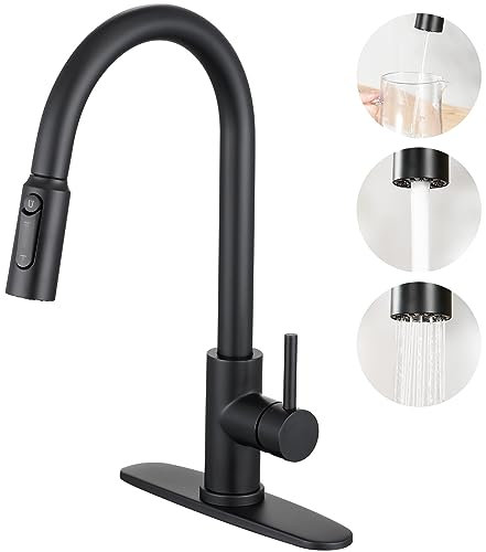 CREA 3-Wege-Küchen-Wasserhahn, Trinkwasserhahn, 3-in-1-Wasserfilter-Reinigungsarmaturen, mattschwarz, mit herausziehbarem Sprühgerät, einstufig, Edelstahl mit Deckplatte