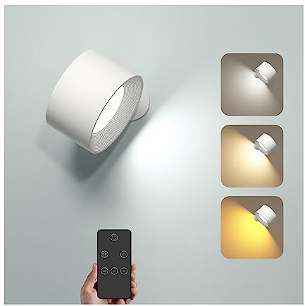 Feallive Applique Murale Interieur, Lampe Murale avec Télécommande à Gradation et Batterie Rechargeable, Commande Tactile, 3 Niveaux de Luminosité, 3 Modes de Couleur, Rotation à 360° (Blanc)