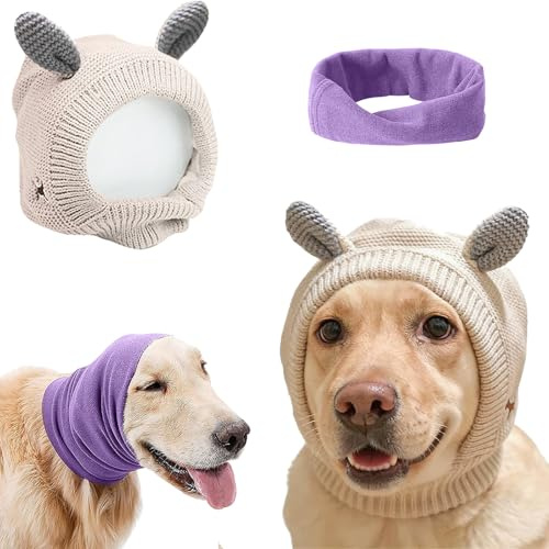 Quiet Ears for Dogs - Anxiety Barking Ear Covers, Muffs, Snood for Noise Protection - 2PCS Hearing Earmuffs, Fireworks Anti-Anxiety Hat for Large Dogs (Purple & White)