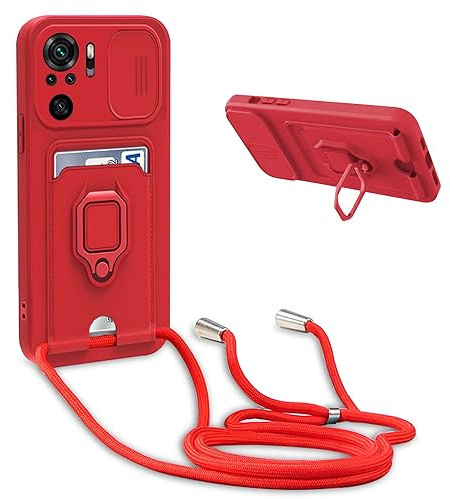 Coque Compatible avec Xiaomi Poco M5s/Redmi Note 10S/Note 10,Collier pour Étui Colliers de cellulaire Réglable Lanyard Silicone Case,Protection caméra ,Support Annulaire,Fentes pour Cartes,Rouge