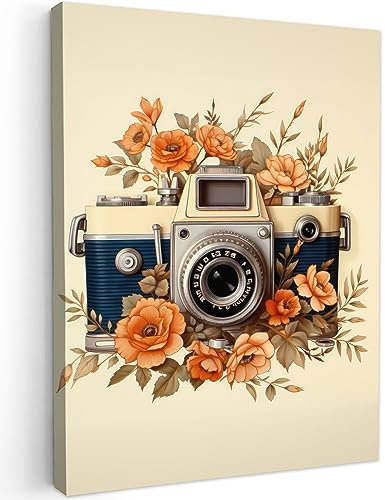 MuchoWow© Impression sur Toile Decoration Murale Peinture 60x80 cm Tableaux Decoratifs Muraux Décoration Chambre Vintage - Appareil photo - Fleurs - Beige - Orange