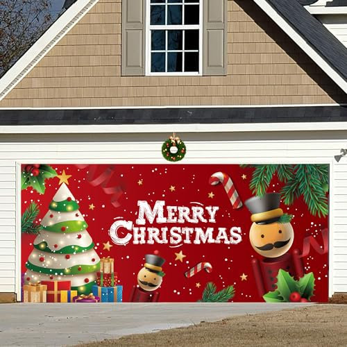 Nussknacker Stil Garagentor Banner, 400x180cm, Garagentor Deko Weihnachten mit Kupferösen und Seil, Weihnachtsdeko für Garage, Terrasse, Garten, Zaun