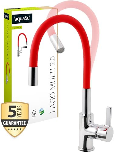 'aquaSu® Küchenarmatur Lago Multi 2.0, Wasserhahn Küche, Wasserspar-Mischdüse, Kaltwassermittelstellung, Spültischarmatur in chrom-rot, Auslauf formbar & schwenkbar, Befestigung von oben, 795906