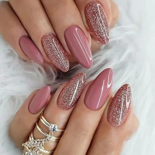 24Pcs Press On Medium Almond Fake Nails - Pure Color, Red & Glitter Acrylic Removable Glue On Oval Artificial Stick On Nails for Women and Girls