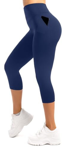 Leafigure Capri Leggings Damen mit Taschen 3/4 Leggins High Waist Fitness Shorts Blickdichte Sportshorts Königsblau SM