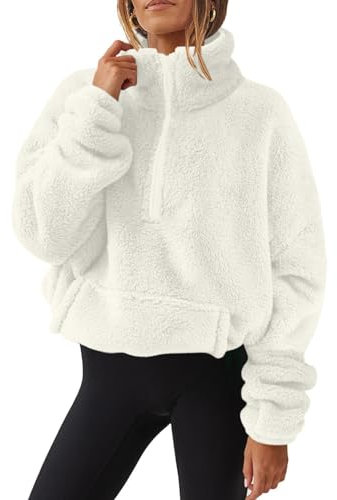 Half Zip Women's Crop Long Sleeve Stand Collar Teddy Tunic Tops Blouse Zip Up Double Fleece Jumpers Loose Fit Casual Fluffy Pullover Tops Sweatshirts Fall Winter Warm Coats White L