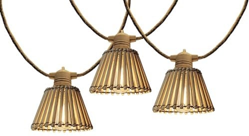 NATURY LIGHT HYBRID Verbindbare LED-Lichterkette für den Außenbereich, 10 natürliche Lampenschirme aus Bambus, warmweiß, Solar und Stromanschluss, 8 m