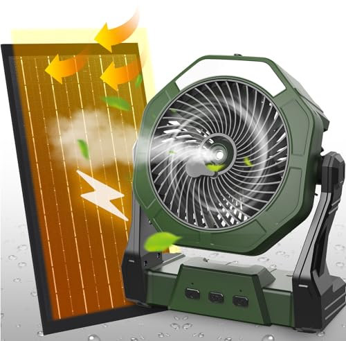 Ausic 10W Solar Fan with Mister, Misting Camping Fan with Solar Panel, Portable Outdoor Fans, 8 Inch Battery Operated Rechargeable Cooling Fans with Water Spray for Travel/Beach/Chicken Coop