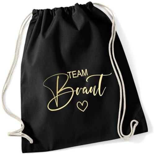 AWASG Turnbeutel JGA Team Braut mit Herz - Braut Jutebeutel zum Zuziehen - Junggeselinnenabschied Accessoire Bride (schwarz)