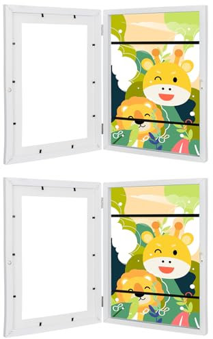 Kodilin 2pcs A4 Bilderrahmen Kinderzeichnungen,kinder kunst bilderrahmen zum öffnen, A4 aufklappbar Frontöffnung Bilderrahmen Kinderbilder,Befüllbarer Wechseln Kunstfotorahmen weiß