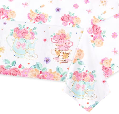 MAGLAUG Afternoon Tea Decorations Table Cloth, 54X108inch Floral Tablecloth Disposable Tea Party Tableware for Afternoon Tea, Birthday Mother's Day Baby Shower Anniversary (Tablecloth 1pc)