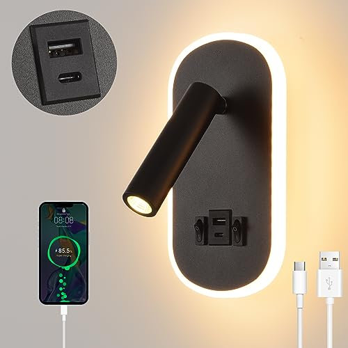 LED Liseuse de chevet,Applique Murale avec interrupteur,USB + TYPE C port de charge Luminaire Murale,3W 3000K + 9W 6000K éclairage d'ambiance de chambre à coucher,Spot réglable Lampe de Lecture Noir