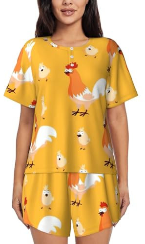 YQxwJL Damen-Pyjama-Set mit Huhn-Küken-Aufdruck, kurze Ärmel, Lounge-Sets, Nachtwäsche, lässiger Schlafanzug mit Taschen, Schwarz , 50