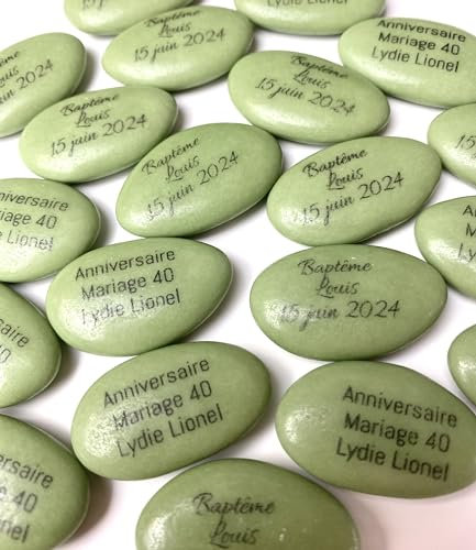 Dragées chocolat personnalisées avec votre texte 400g - Vert eucalyptus - pas cher - environ 150 dragées 71% de cacao - Fabrication artisanale en France