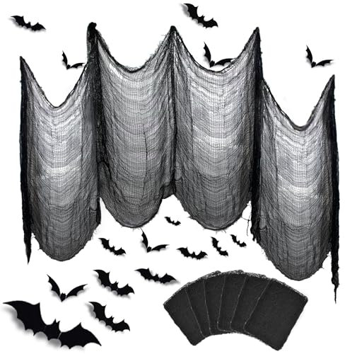 Qcdou Halloween Gasa, 3D Murciélagos Pegatinas, Juego de 6 Telas 183 x 76 cm de Halloween Decoraciones para Puertas, Adornos Halloween, Negra Tela Espeluznante, para Fiestas de Halloween Casa