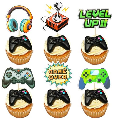 Ephlyn 36Pcs Video Game Cupcake Toppers Assembled Game On Controllers Cupcake Picks GamePad Cake Decorations for Game Theme Baby Shower Birthday Anniversary Party Decorations Supplies