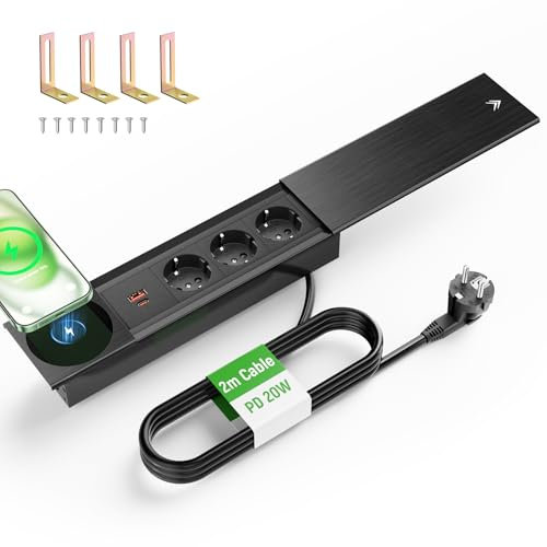 Enchufe Empotrable Mesa con USB C PD 20W y 15W de Carga Inalámbrica, Regleta Enchufes con 3 Tomas, Enchufe de Mesa para casa o Oficina, Cable de 2 m, Negro