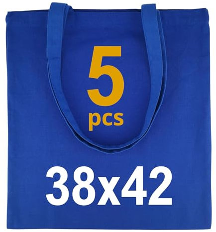 IDEA HOME-5 Stück Baumwolltasche 38x42cm- 220g - Jutebeutel Groß - Stoffbeutel Unbedruckt, Personalisierung Möglich – Bestickung oder Bemalung - Stofftasche mit zwei langen Henkeln - Blau