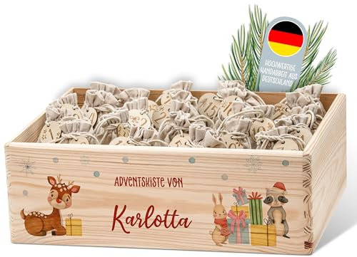 Lilleta ® Personalisierte Adventskiste - Adventskalender 2024 aus Holz mit Namen - Weihnachtskalender für Kinder & Erwachsene (Rudolf + Freundebande)