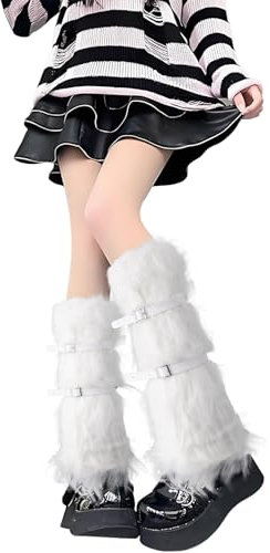 GADITIEK Fell Stulpen Bein, Fur leg Warmers with Gürtel, Stulpen Damen für Winterwärmer Karneval Fasching Mottoparty Verkleidung (Weiß, Einheitsgröße)