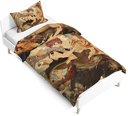 Zhongkaihua Fairy Tail Bettwäsche-Sets Erza Scarlet, Lucy Heartfilia Natsu Dragneel, dekoratives Bettwäsche-Set und Kissenbezüge, Einzelbett, Baumwollbezug-Set für Schlafzimmer, Schlafsaal, 135 x 200