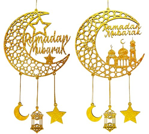 2PCS Ramadan Mubarak Hängende Dekorationen, Hölzerne Eid Kareem Hängende Zeichen für Haus Zimmer Tür Wanddekor, Neuheit Hohlen Stern Mond Laternen Schlösser Ornament für Islamische Muslimische Al-Fitr