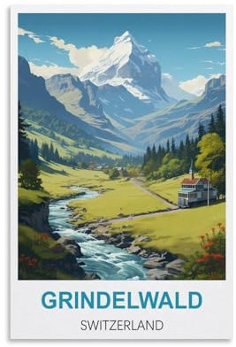 HSAYYIII Grindelwald Schweiz Vintage-Reiseposter, 40 x 60 cm, Leinwand-Kunst-Poster und Wandkunst, Bilddruck, Schlafzimmer-Dekor