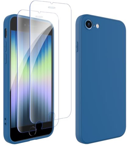 Ruayia Coque pour iPhone SE 2022/2020 et iPhone 8/7 avec 2 Pièces Protection Écran en Verre Trempé, Housse en Silicone Liquide Slim, Case Antichoc Souple pour iPhone SE 3/8/7-4,7-Bleu Nuit