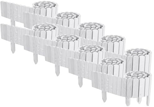 Floranica 20 m Beeteinfassung Flexibler Holzzaun 10 St. 2 m x 10 cm Weiß Steckzaun aus Kiefernholz Rasenkante Teichzaun Rollboard 10 tlg Erweiterbares Zaunset für Garten